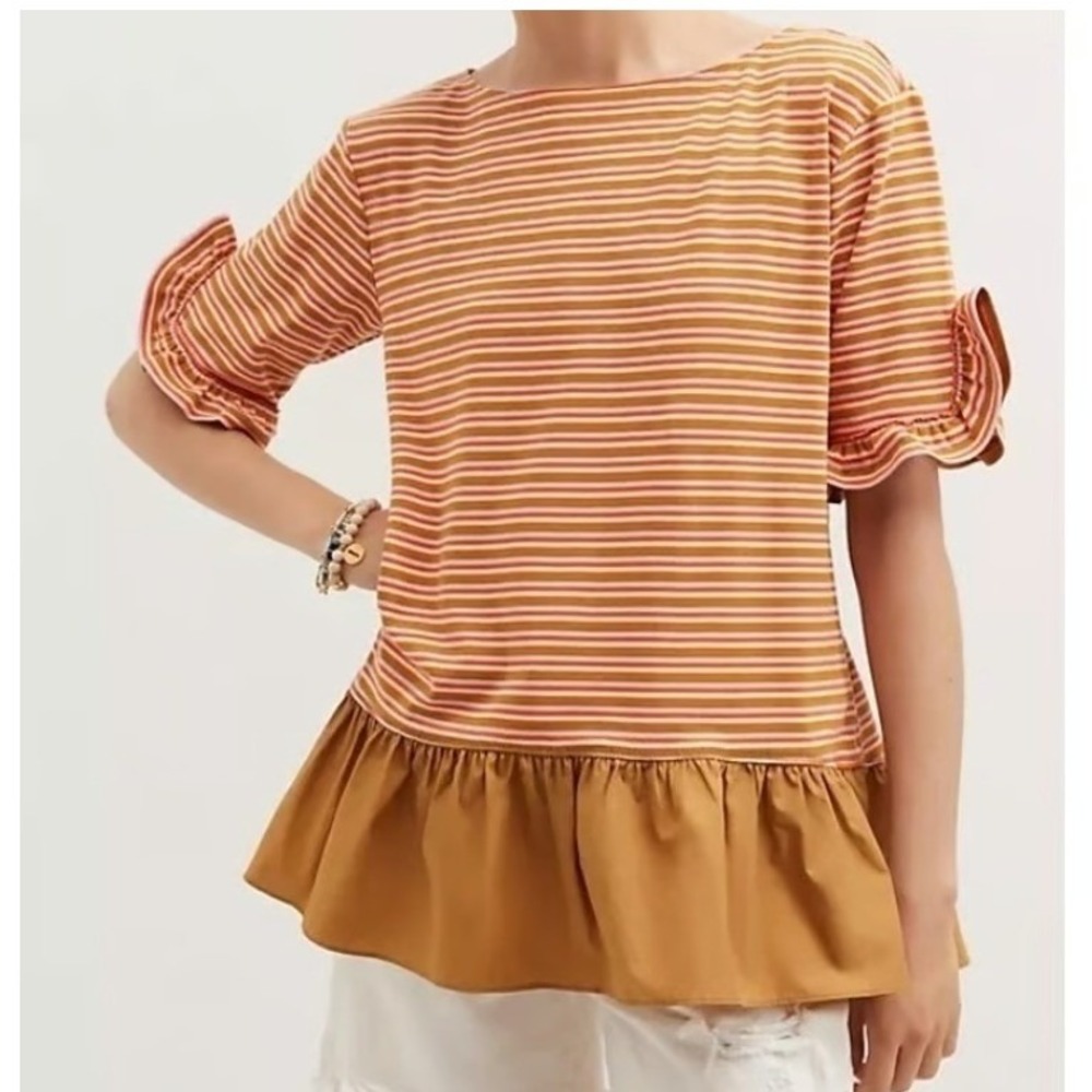 Maeve Anthropologie Striped Ruffle Sleeve Tiered Tunic Top Cottagecore Peplum